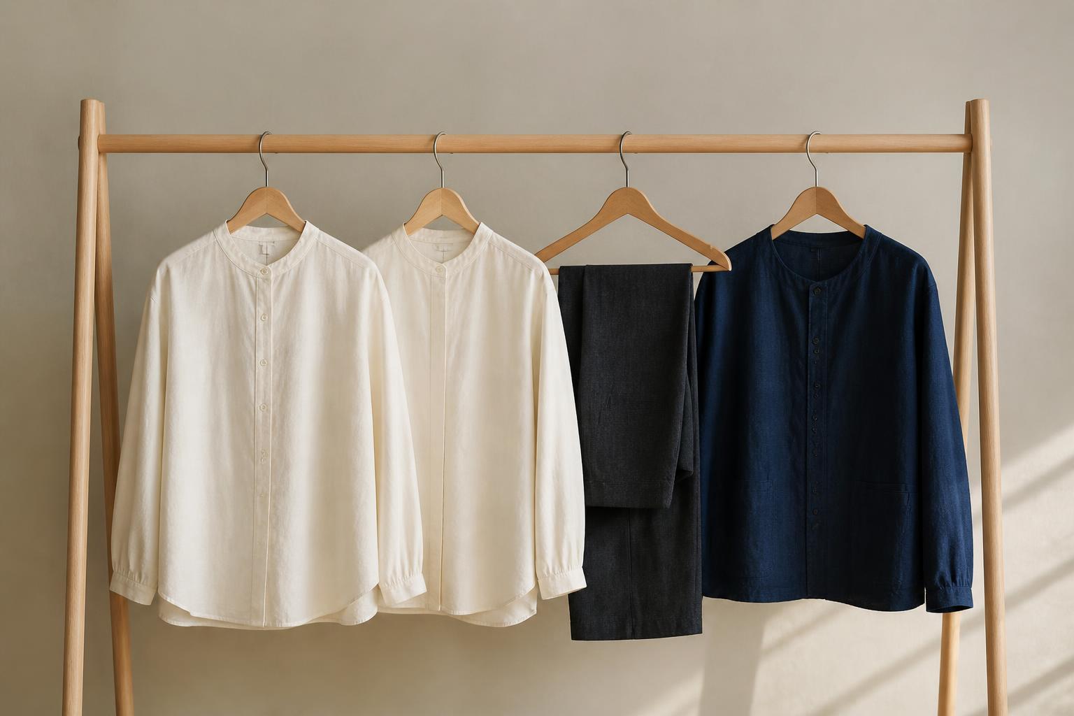 木のハンガーラックに間をあけて掛かった、生成りと墨と藍の服。